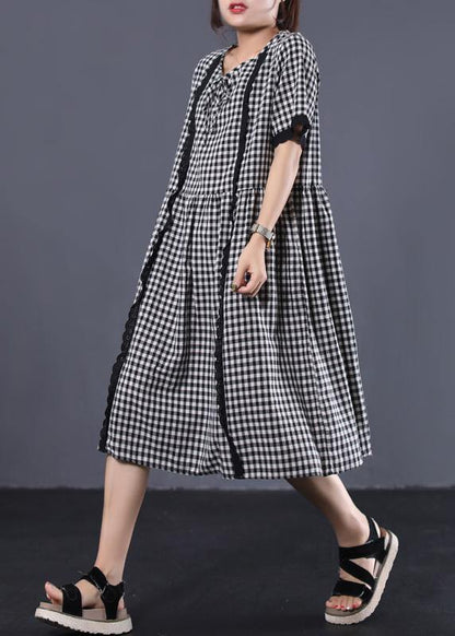 Style Black White Plaid Cotton Tunic Patchwork Ruffles Cotton Summer Dress