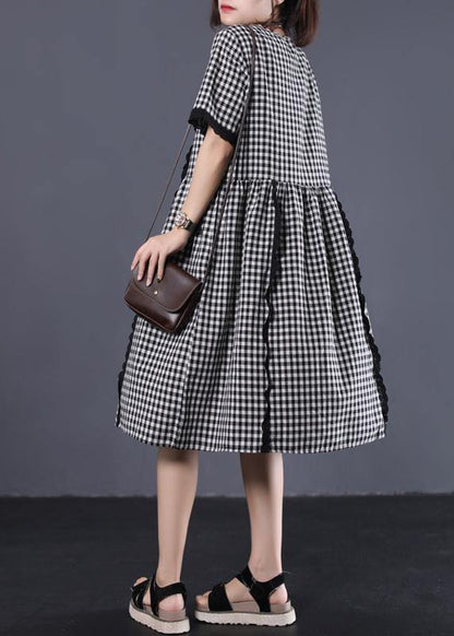 Style Black White Plaid Cotton Tunic Patchwork Ruffles Cotton Summer Dress