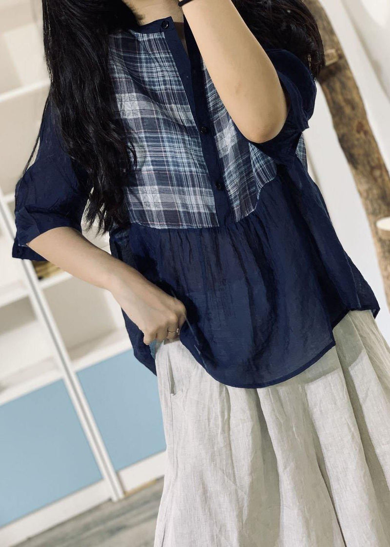 Style Blue Cotton Blouses for Patchwork Silhouette Fall Tops