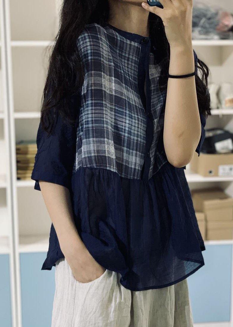 Style Blue Cotton Blouses for Patchwork Silhouette Fall Tops