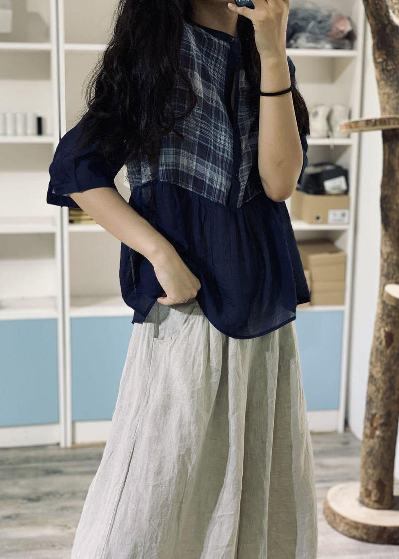 Style Blue Cotton Blouses for Patchwork Silhouette Fall Tops