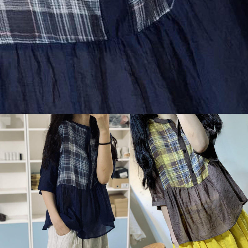 Style Blue Cotton Blouses for Patchwork Silhouette Fall Tops