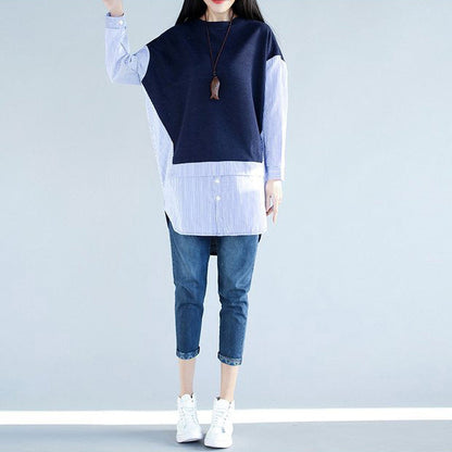 Style blue cotton clothes For Women 2025 Work Outfits side open cotton false two pieces top