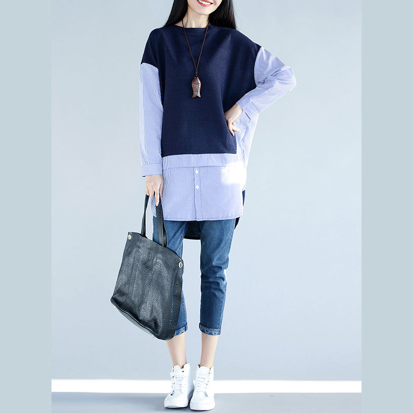 Style blue cotton clothes For Women 2025 Work Outfits side open cotton false two pieces top