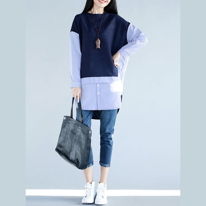 Style blue cotton clothes For Women 2025 Work Outfits side open cotton false two pieces top