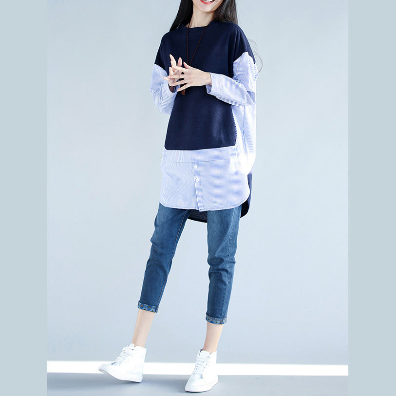 Style blue cotton clothes For Women 2025 Work Outfits side open cotton false two pieces top