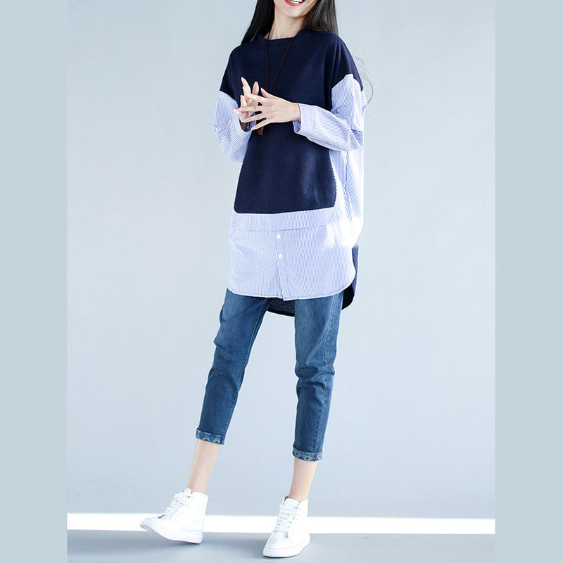 Style Blue Cotton Clothes for Work Outfits Side Open Cotton False Two Pieces Top