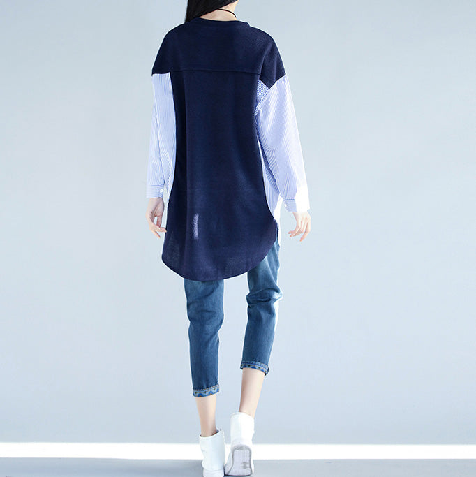 Style Blue Cotton Clothes for Work Outfits Side Open Cotton False Two Pieces Top