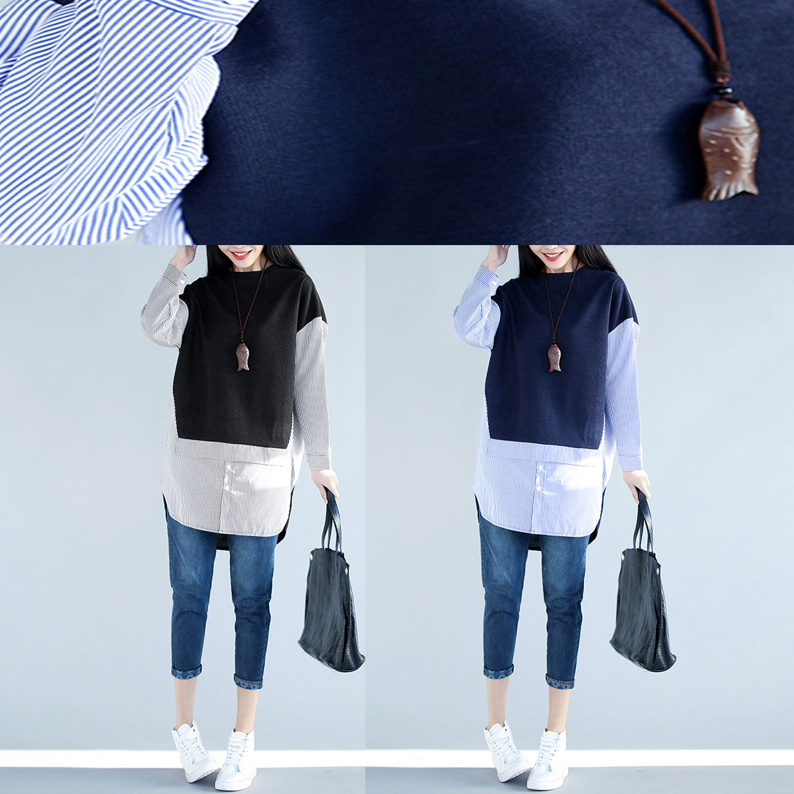 Style blue cotton clothes For Women 2025 Work Outfits side open cotton false two pieces top