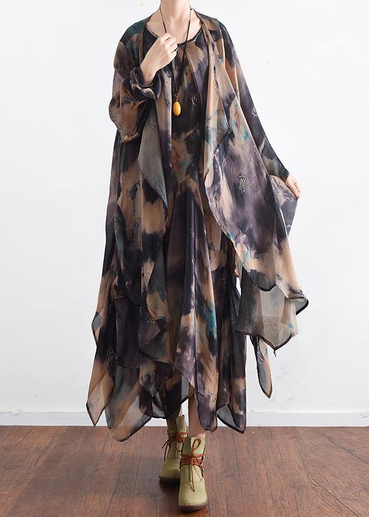 Style Blue Green Print Dress O Neck Asymmetric Long Dress
