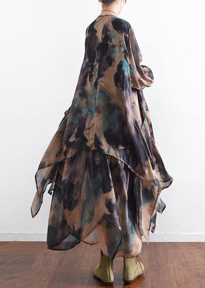 Style Blue Green Print Dress O Neck Asymmetric Long Dress