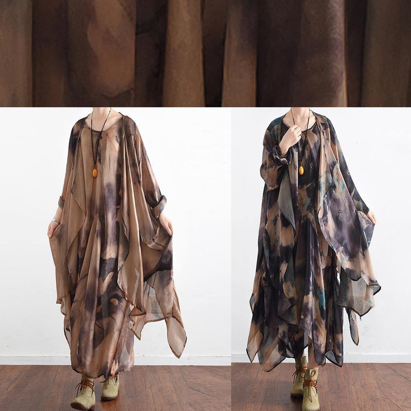 Style Blue Green Print Dress O Neck Asymmetric Long Dress