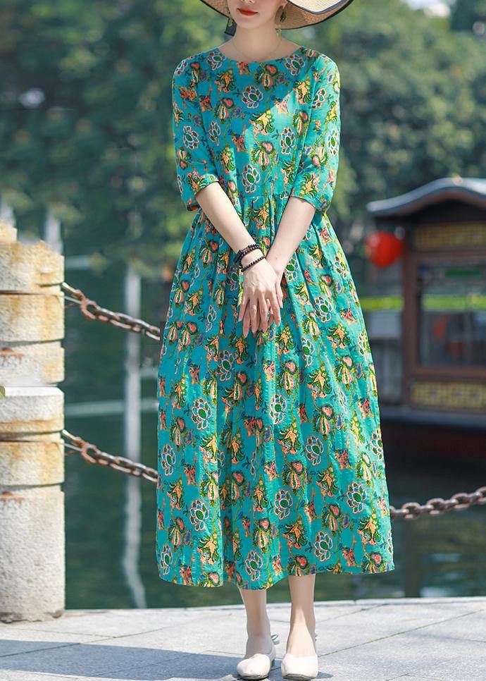 Style Blue Green Print Linen Cotton O Neck Cinched Tunic Summer Dress