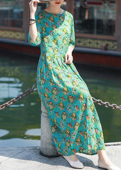 Style Blue Green Print Linen Cotton O Neck Cinched Tunic Summer Dress