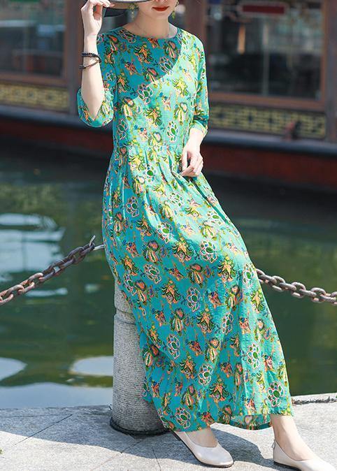 Style Blue Green Print Linen Cotton O Neck Cinched Tunic Summer Dress