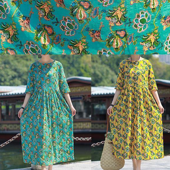 Style Blue Green Print Linen Cotton O Neck Cinched Tunic Summer Dress