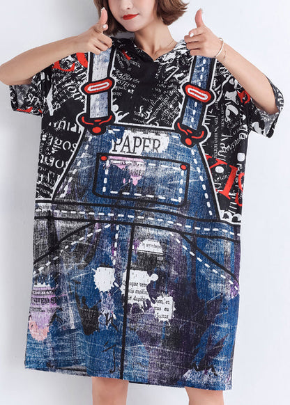Style Blue Print Cotton Quilting Clothes Pakistani Design Short Sleeve False Two Pieces Daily Summer Dresses