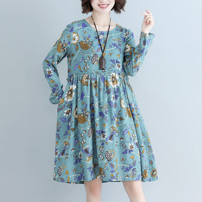 Style Blue Print Cotton Linen Dress Tutorials O Neck Daily Dress