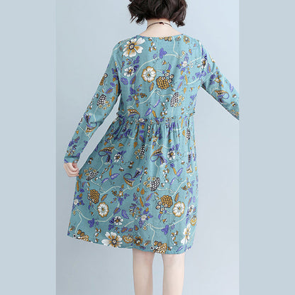 Style Blue Print Cotton Linen Dress Tutorials O Neck Daily Dress