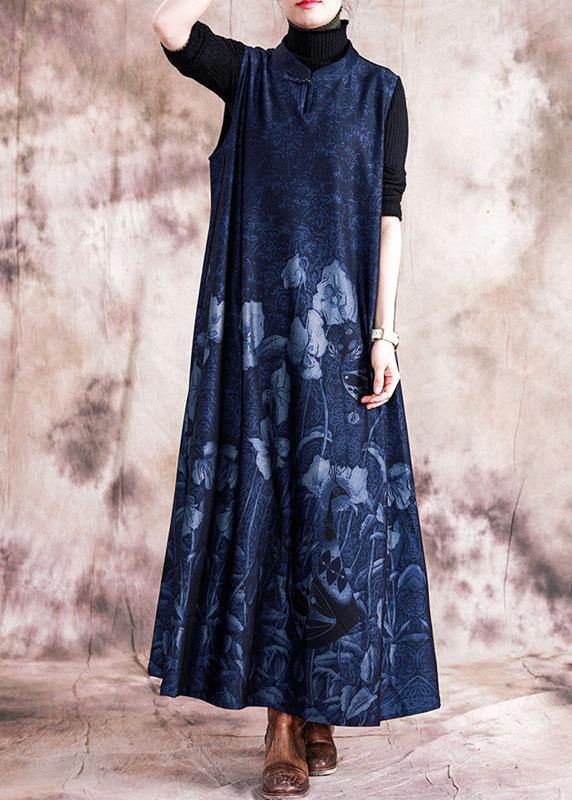 Style Blue Print Cotton Quilting Dresses Stand Collar Chinese Button Sleeveless Maxi Fall Dress