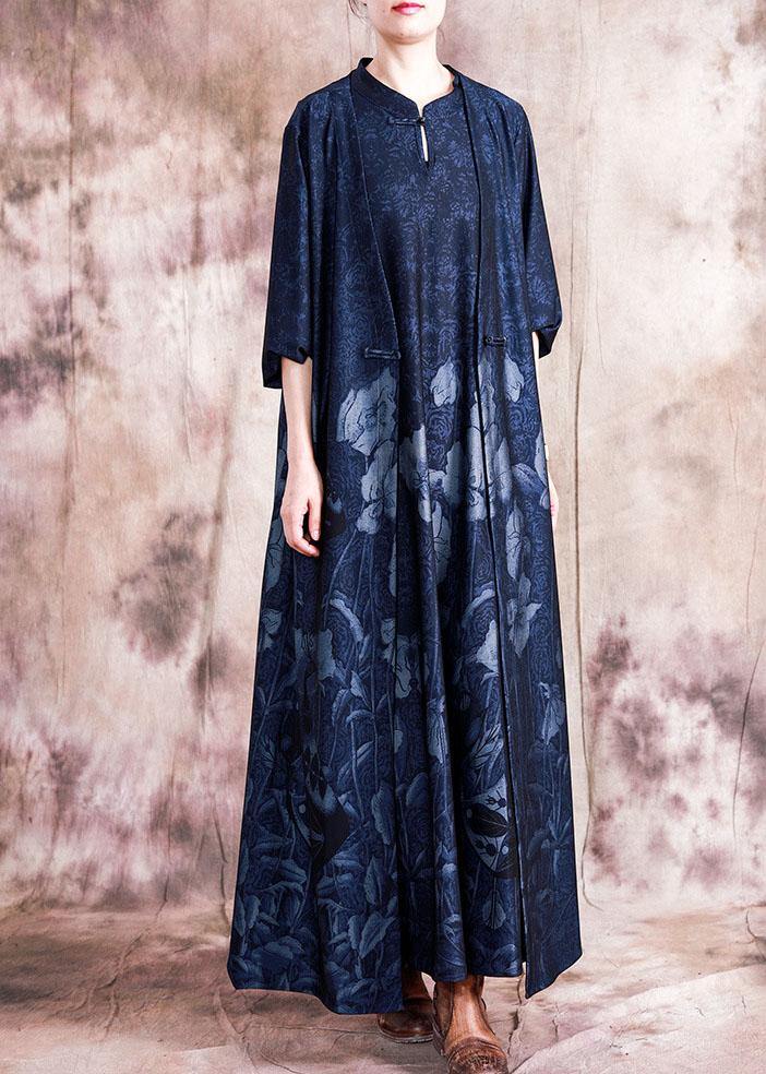 Style Blue Print Cotton Quilting Dresses Stand Collar Chinese Button Sleeveless Maxi Fall Dress