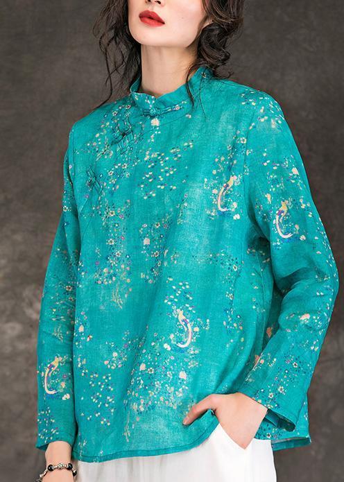 Style Blue Print Linen Clothes for Indian Tutorials O Neck Stand Collar Short Summer Shirt