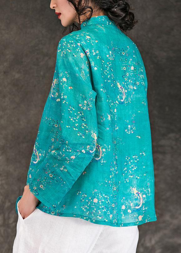 Style Blue Print Linen Clothes for Indian Tutorials O Neck Stand Collar Short Summer Shirt