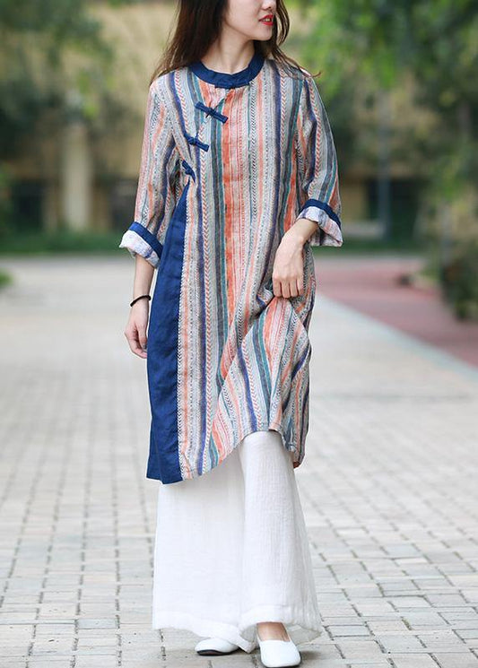 Style Blue Striped Quilting Dresses Stand Collar Chinese Button Art Dress