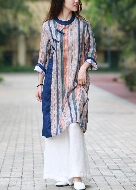 Style Blue Striped Quilting Dresses Stand Collar Chinese Button Art Dress