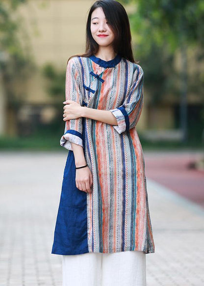 Style Blue Striped Quilting Dresses Stand Collar Chinese Button Art Dress
