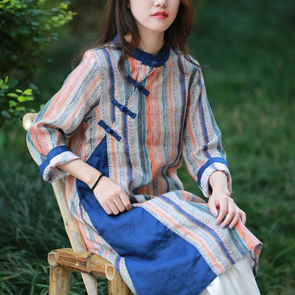 Style Blue Striped Quilting Dresses Stand Collar Chinese Button Art Dress