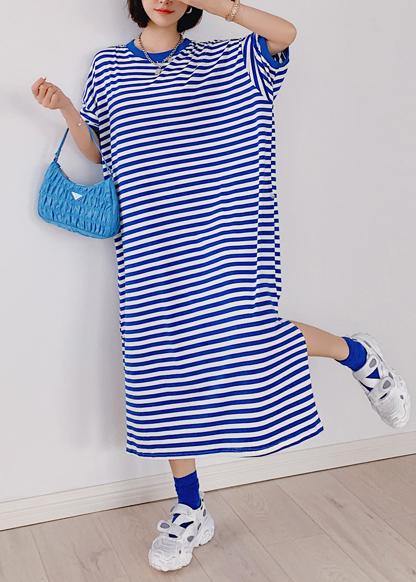 Style Blue Striped Tunic Dress O Neck Side Open Dresses