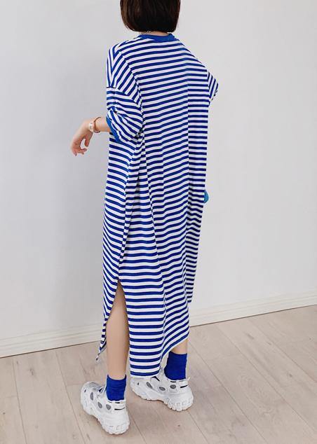Style Blue Striped Tunic Dress O Neck Side Open Dresses