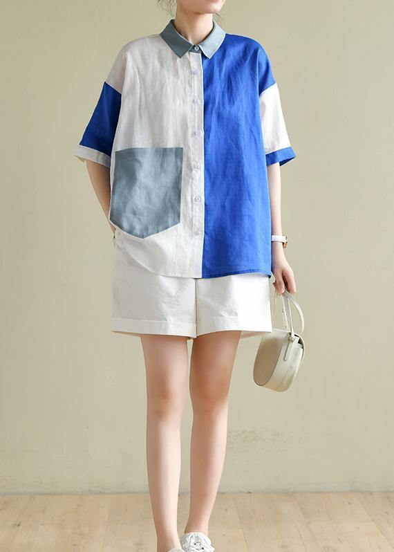 Style Blue White Patchwork Blouse Lapel Pockets Tunic Summer Tops