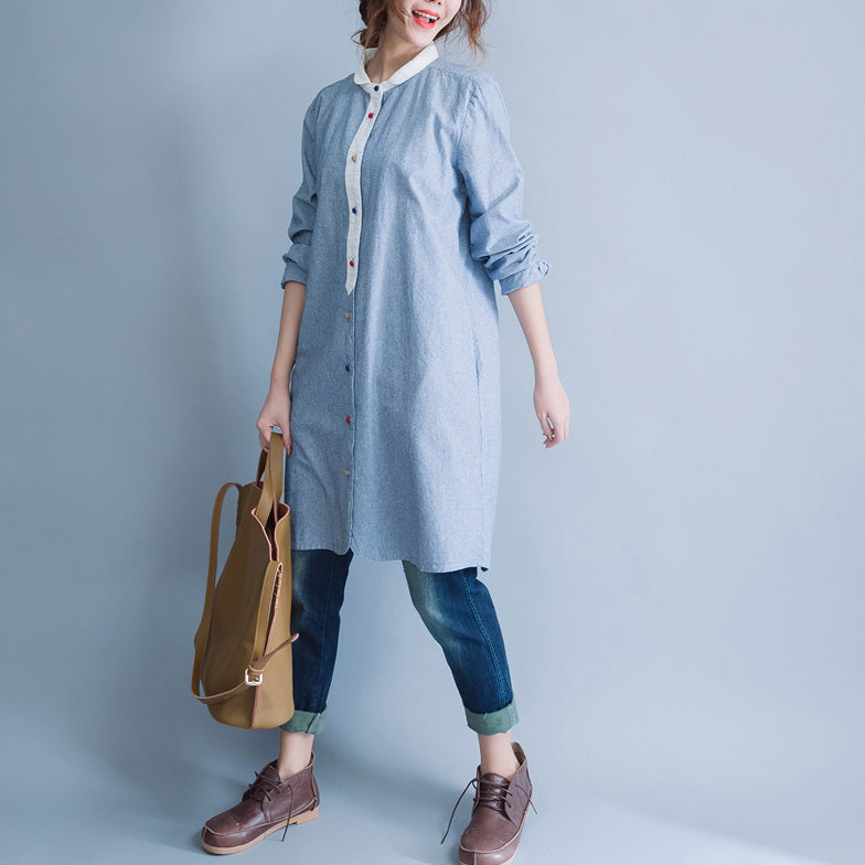 Style Blue White Striped Cotton Tunic Pattern Mom Tunic Tops O Neck Baggy Spring Dress