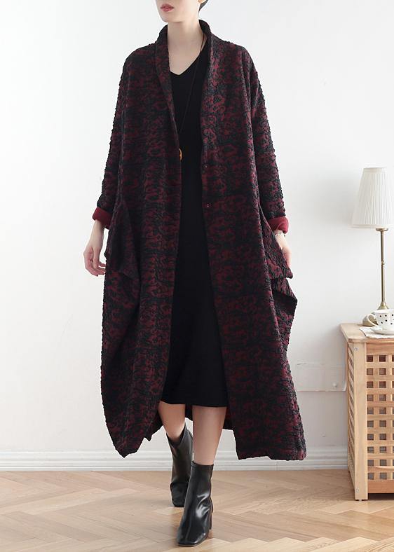 Style Burgundy Jacquard Fine Clothes Pattern Asymmetric Coats