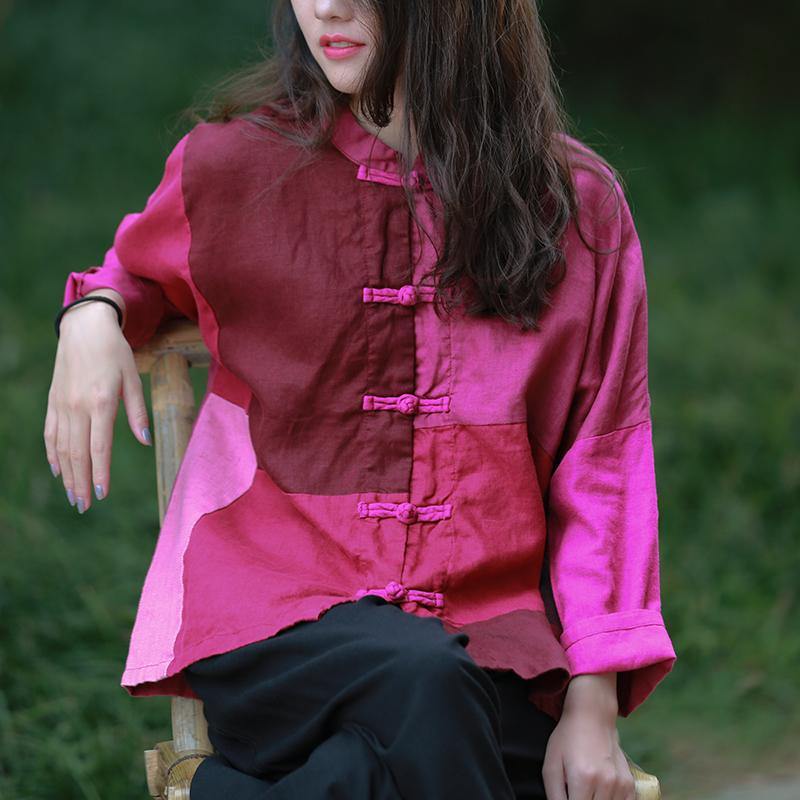 Style Burgundy Tunic Stand Collar Patchwork Daily Top