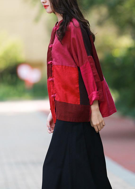 Style Burgundy Tunic Stand Collar Patchwork Daily Top