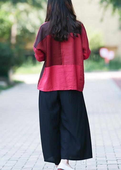 Style Burgundy Tunic Stand Collar Patchwork Daily Top