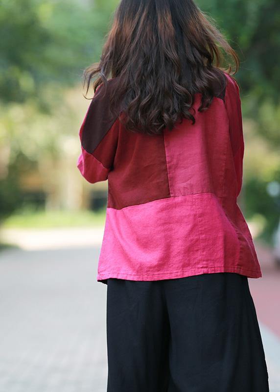 Style Burgundy Tunic Stand Collar Patchwork Daily Top