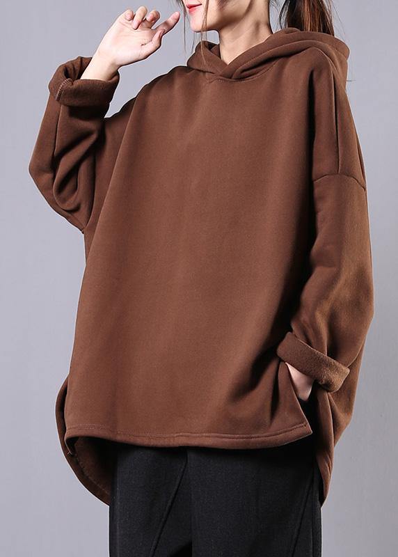 Style Chocolate Cotton Clothes for Hooded Low High Design Baggy Blouses