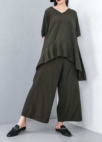 Style Cotton Korea Summer Pure Color Irregular Blouse and Wide Leg Pants