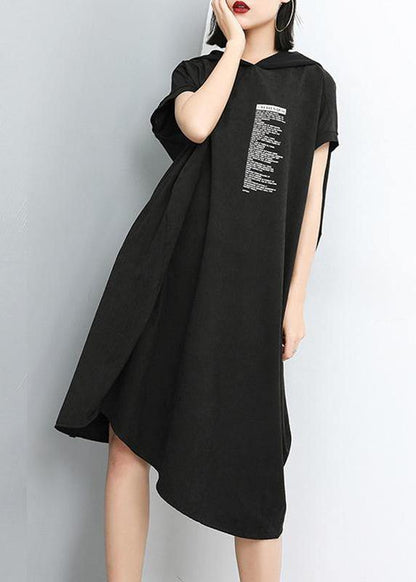 Style Cotton Clothes for Hooded Print Irregular Short Sleeve Dress