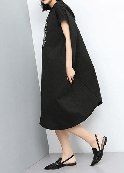 Style Cotton Clothes for Hooded Print Irregular Short Sleeve Dress