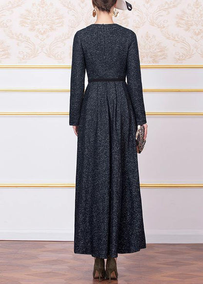 Style Dark Blue Wool Blended Clothes for Big Hem Cotton Winter Dress