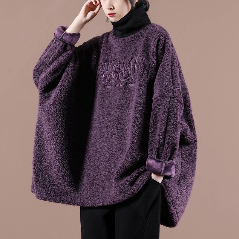 Style Dark Purple Embroidery Tunic Top High Neck Letter Clothing Shirts