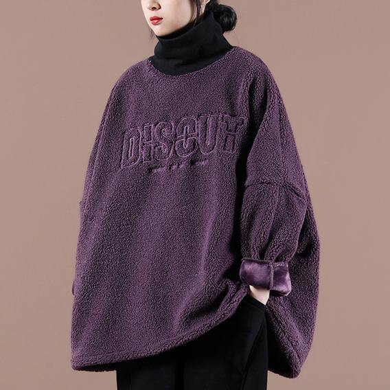 Style Dark Purple Embroidery Tunic Top High Neck Letter Clothing Shirts