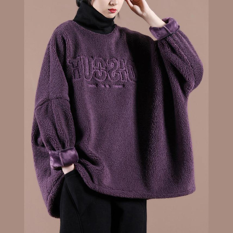 Style Dark Purple Embroidery Tunic Top High Neck Letter Clothing Shirts