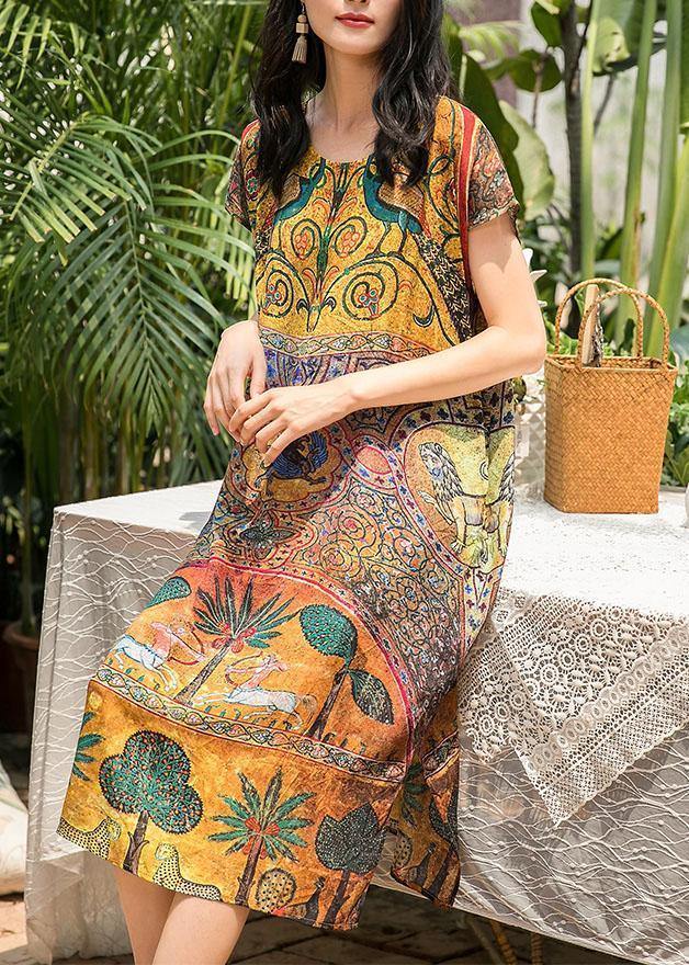 Style Silk Robes O Neck Side Open Midi Summer Dress