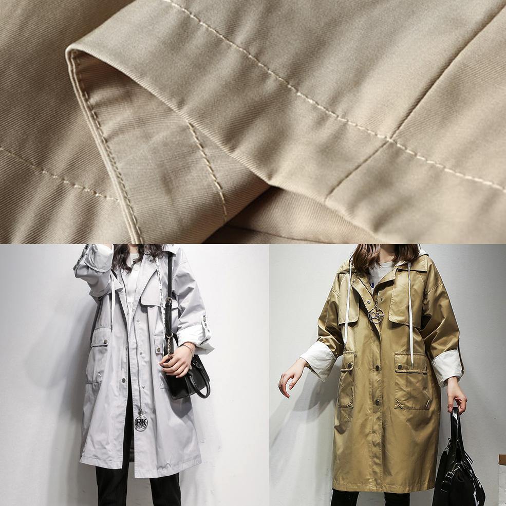 Style Gray Tunic Coat Work Outfits Hooded Drawstring Coat